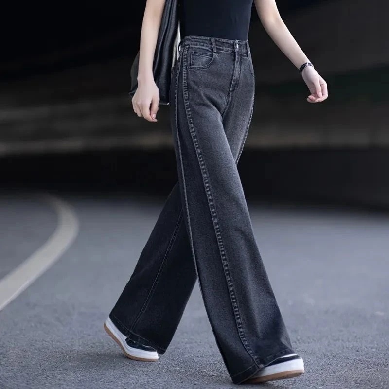 黑灰色牛仔裤女2025新款秋冬加绒宽松显瘦直筒裤高腰阔腿裤长裤女