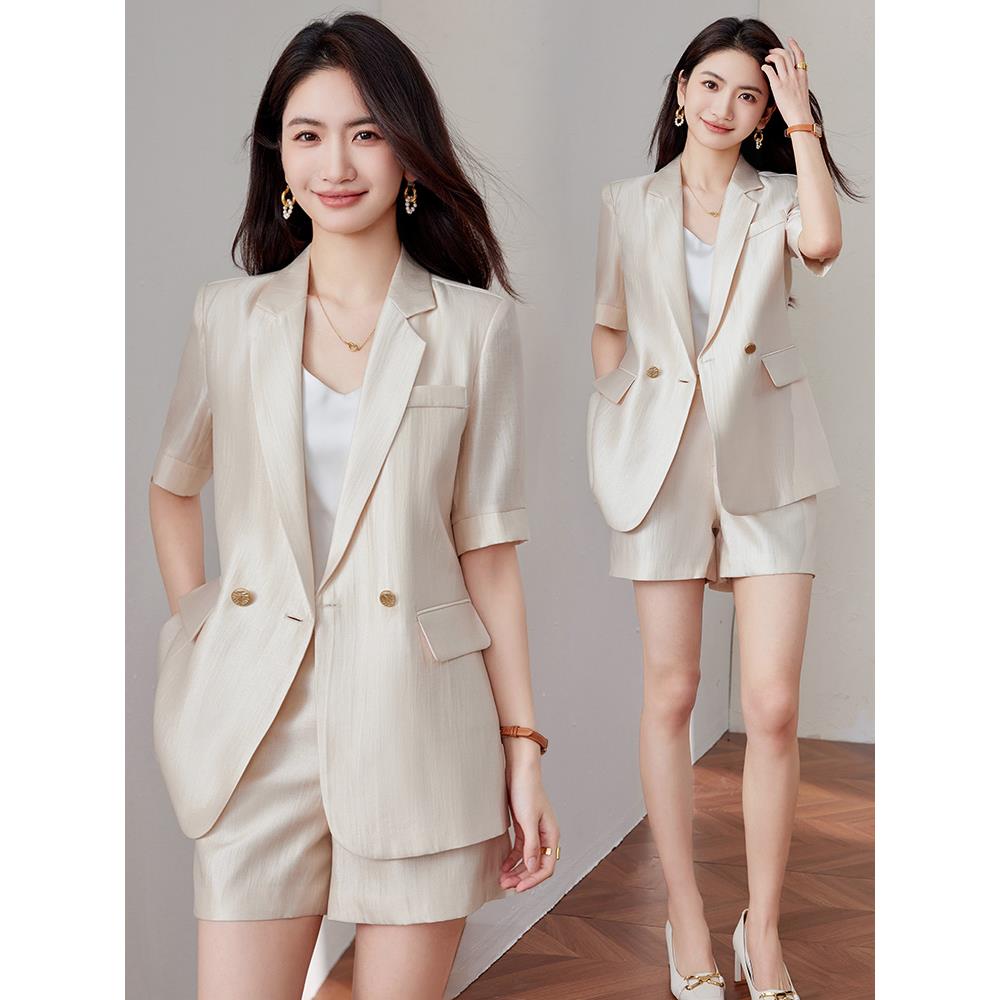 醋酸缎面西装套装女夏季薄款2025新款短袖高级感职业通勤西服外套