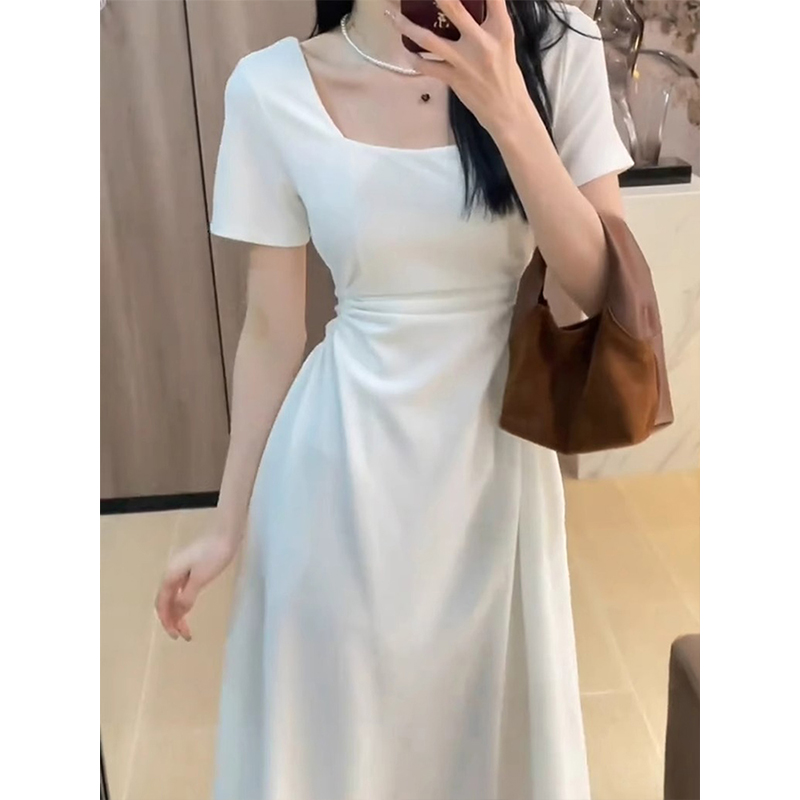 白色修身法式收腰短袖连衣裙女夏季爆款2025新款气质裙子显瘦长裙