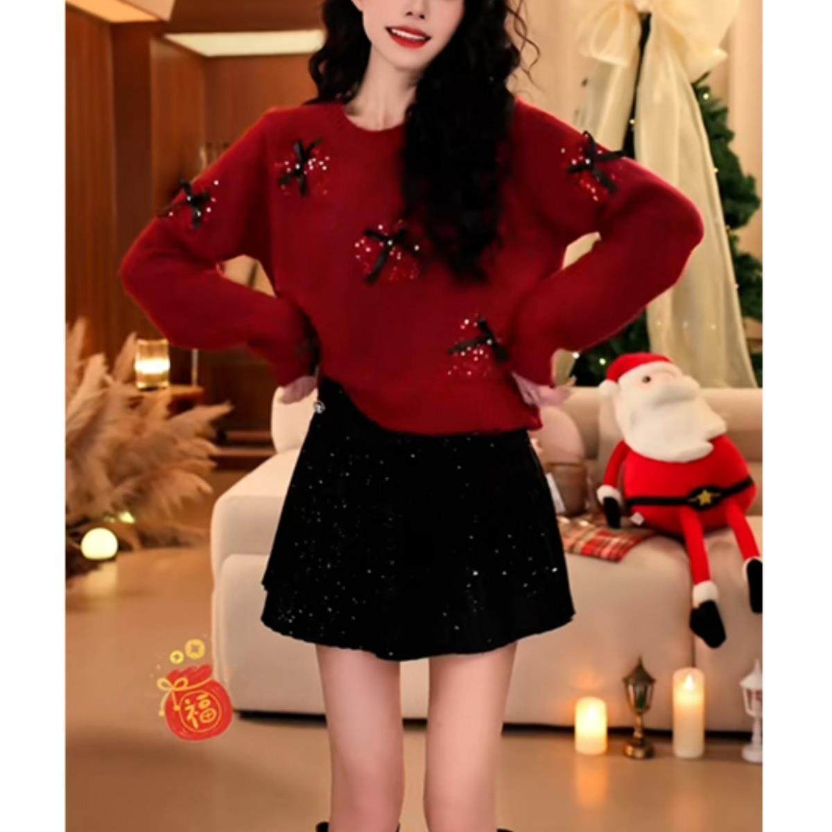 小香风蝴蝶结重工亮片毛衣女秋冬新年氛围短款针织衫宽松减龄上衣