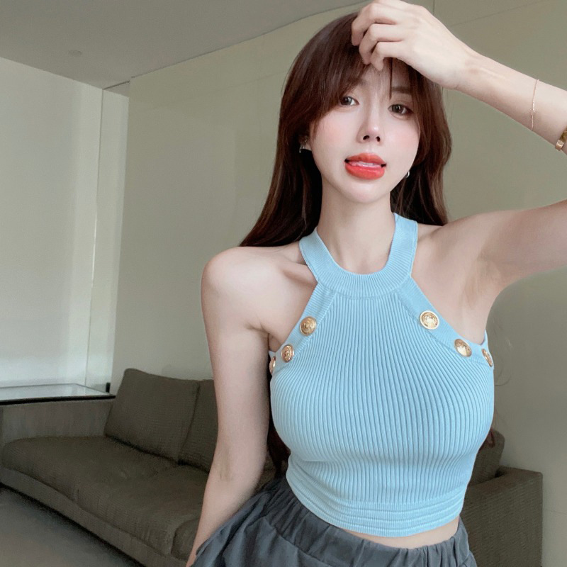 针织挂脖吊带背心女装2024夏季蓝色薄款修身性感外穿打底衫上衣潮