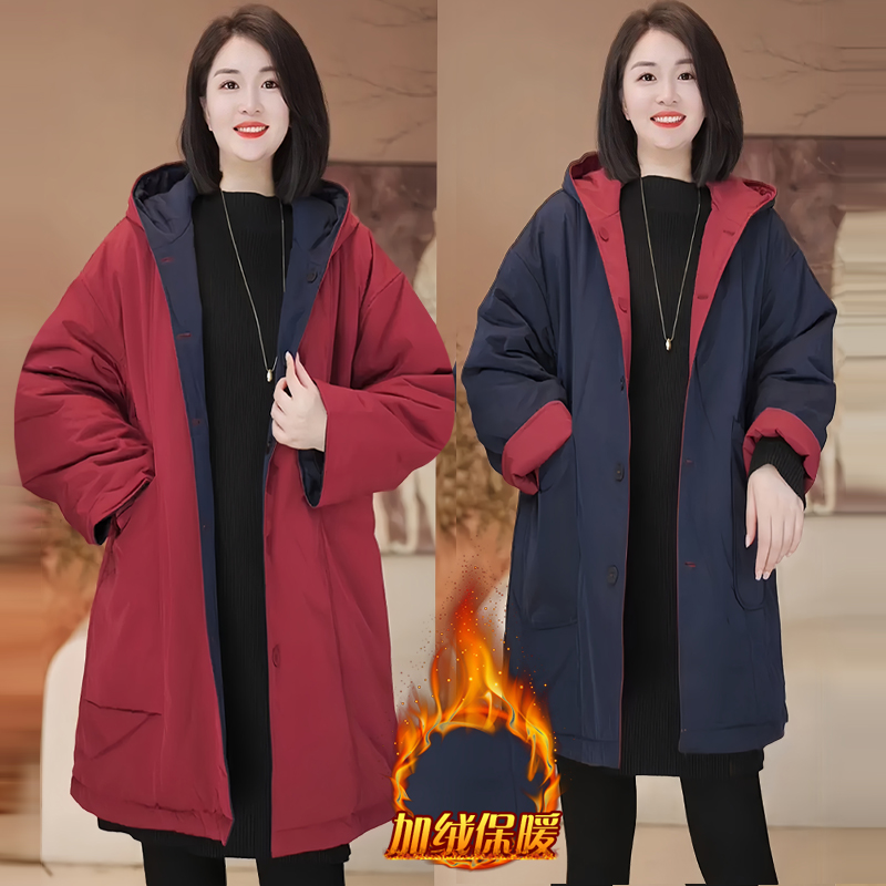 加厚时尚百搭宽松棉服女2025年冬季新款显瘦双面穿撞色中长款外套