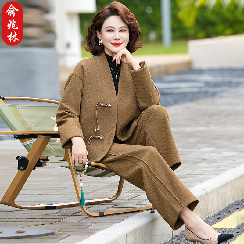 俞兆林国风毛呢两件套显瘦春秋新中式呢子大衣短款外套阔腿裤套装