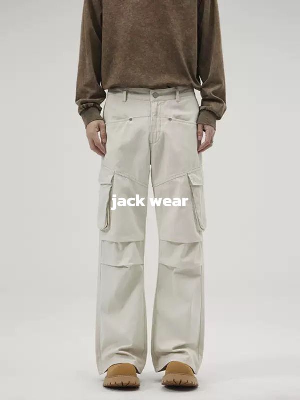 【伞兵口袋工装】美式复古杏白色工装裤女男款高街直筒拼接阔腿裤