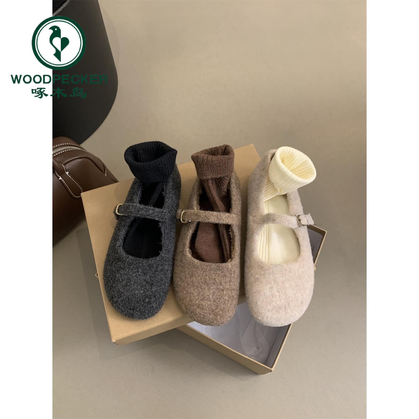 啄木鸟洋气毛毛鞋女冬外穿法式晚风气质女加绒玛丽珍单鞋平底棉鞋