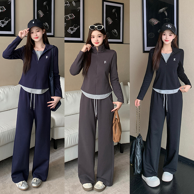 2025秋装新款胖mm大码女假两件半开领刺绣上衣阔腿裤套装36011