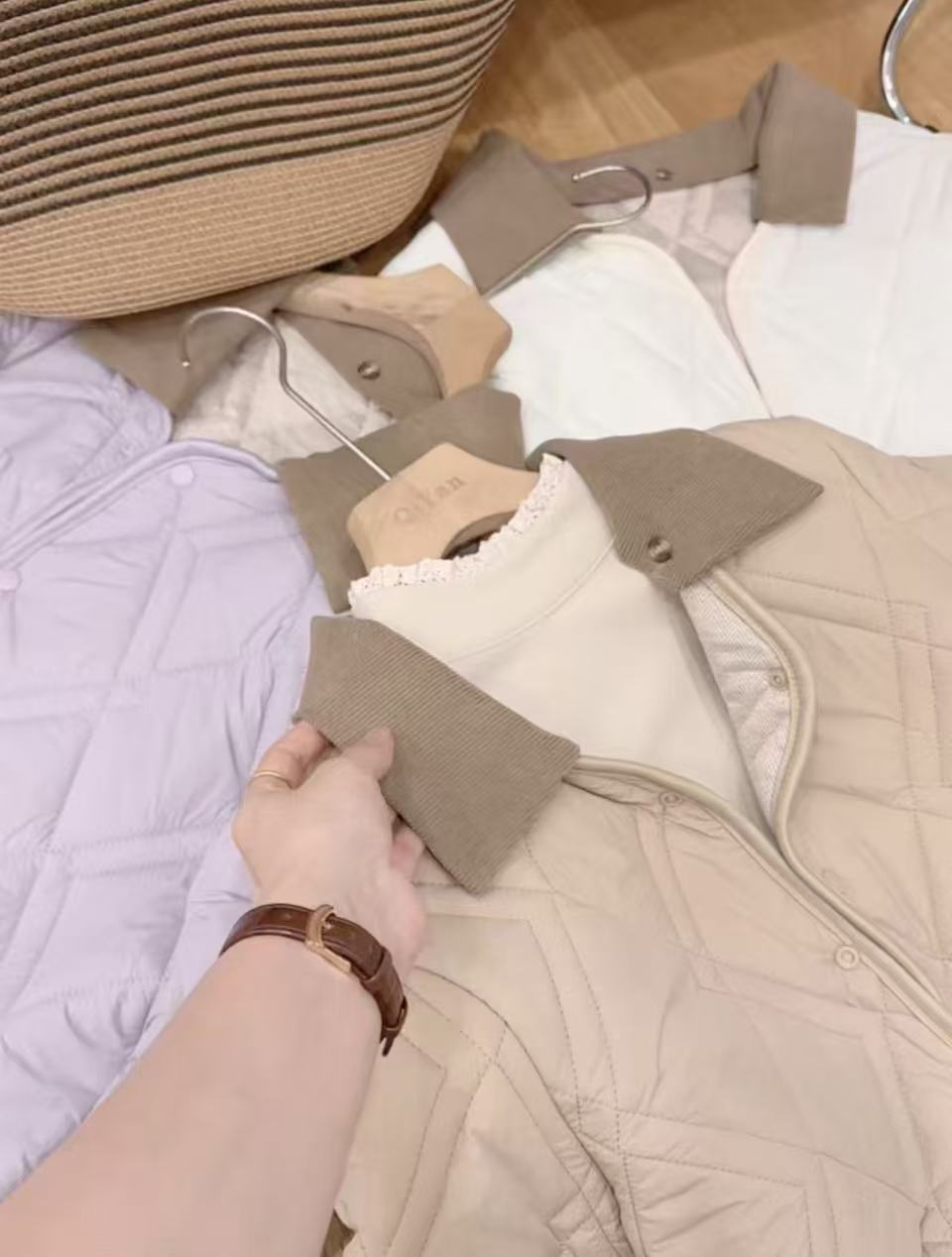 七言家新品 #  菱格翻领珍羊毛气绒衣棉服外套(可拆卸领子）