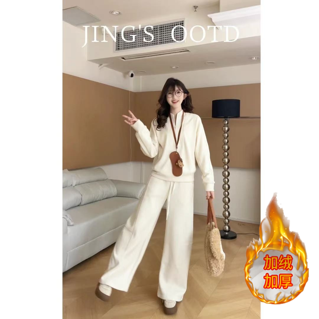 【加绒】休闲风运动风老钱时尚套装上衣卫衣宽松高腰系带弯刀裤秋冬