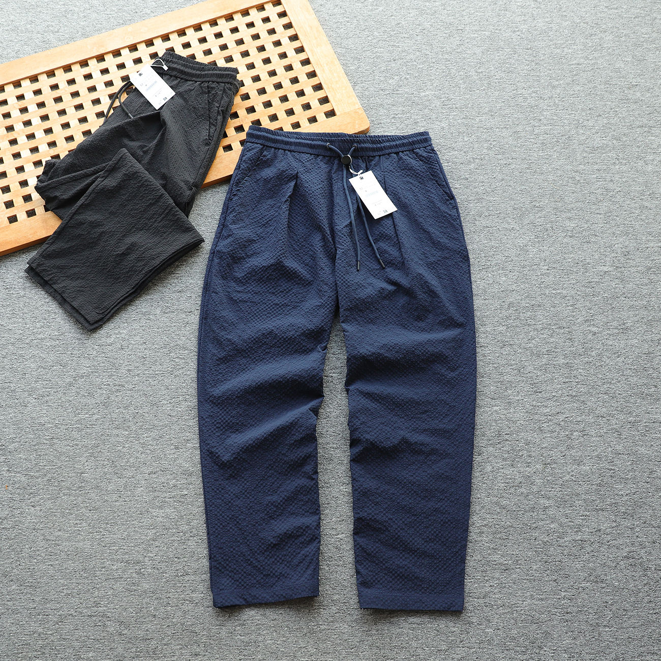 西单 男女泡泡纱宽松版型休闲裤透气舒适 宽松直筒裤 九分长裤