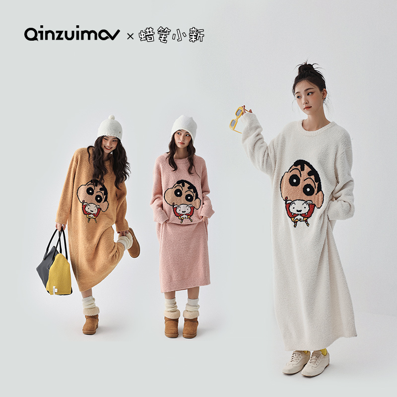 亲嘴猫X蜡笔小新 半边绒宽松睡袍保暖睡衣孕妇加绒家居服 B49019