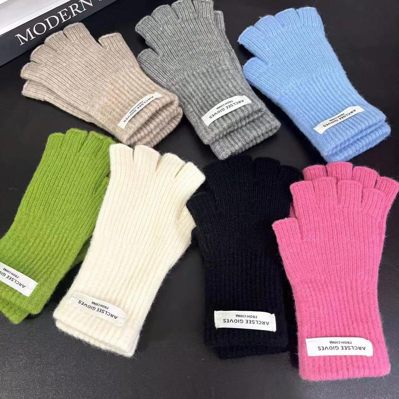 马卡龙色半指针织手套女冬季加厚保暖露指触屏学生写字保暖手套厂