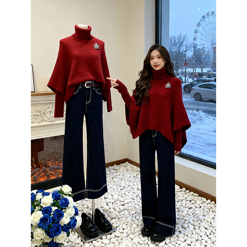 2025穿搭一整套网红洋气炸街女装假两件斗篷上衣时尚百搭休闲裤子