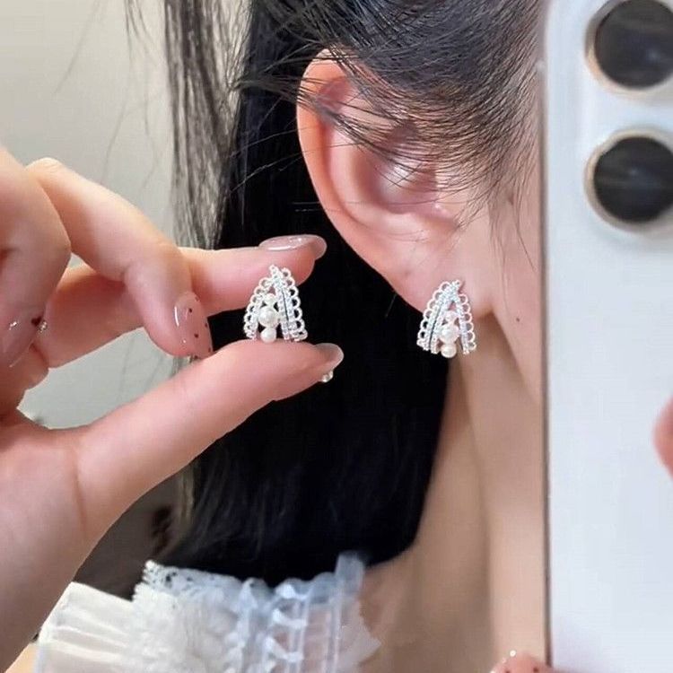 铜合金耳饰 2025爆款法式蕾丝边锆耳环女轻奢高级感气质氛围感