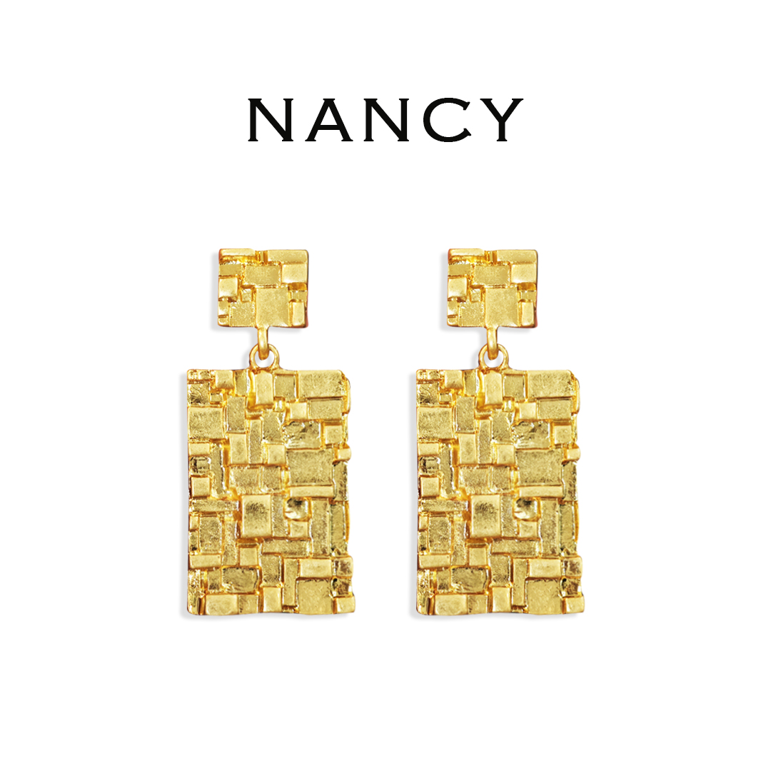 铜合金耳饰 复古做旧捶打纹方形耳坠编织金色复古N10442