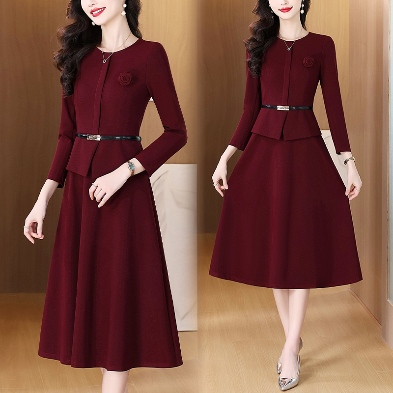 高档秋季时尚妈妈装婚礼酒红色假两件连衣裙显瘦气质优雅礼服长裙