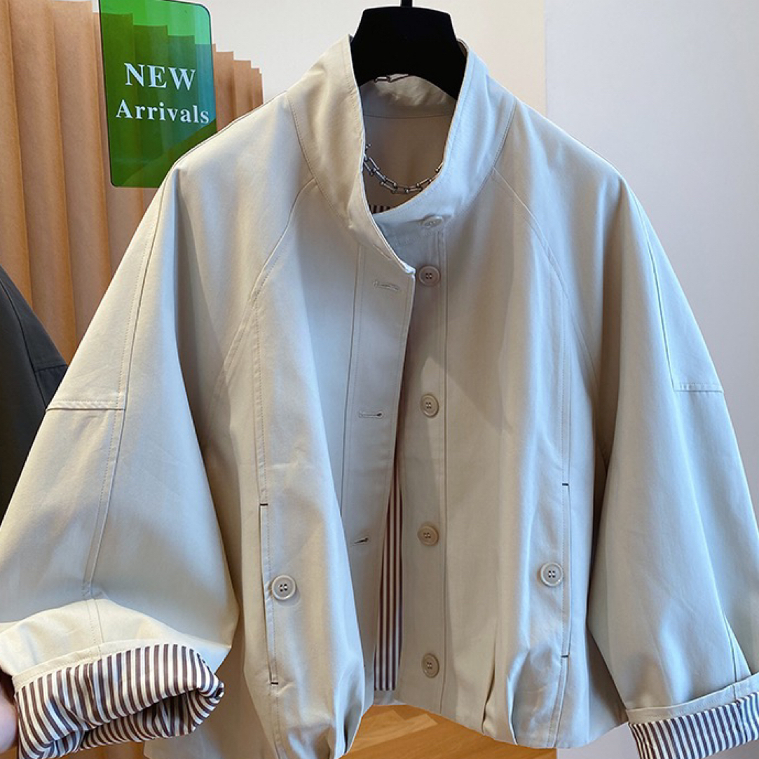 欧货英伦风立领夹克外套女2025新款宽松休闲内里条纹短款风衣上衣