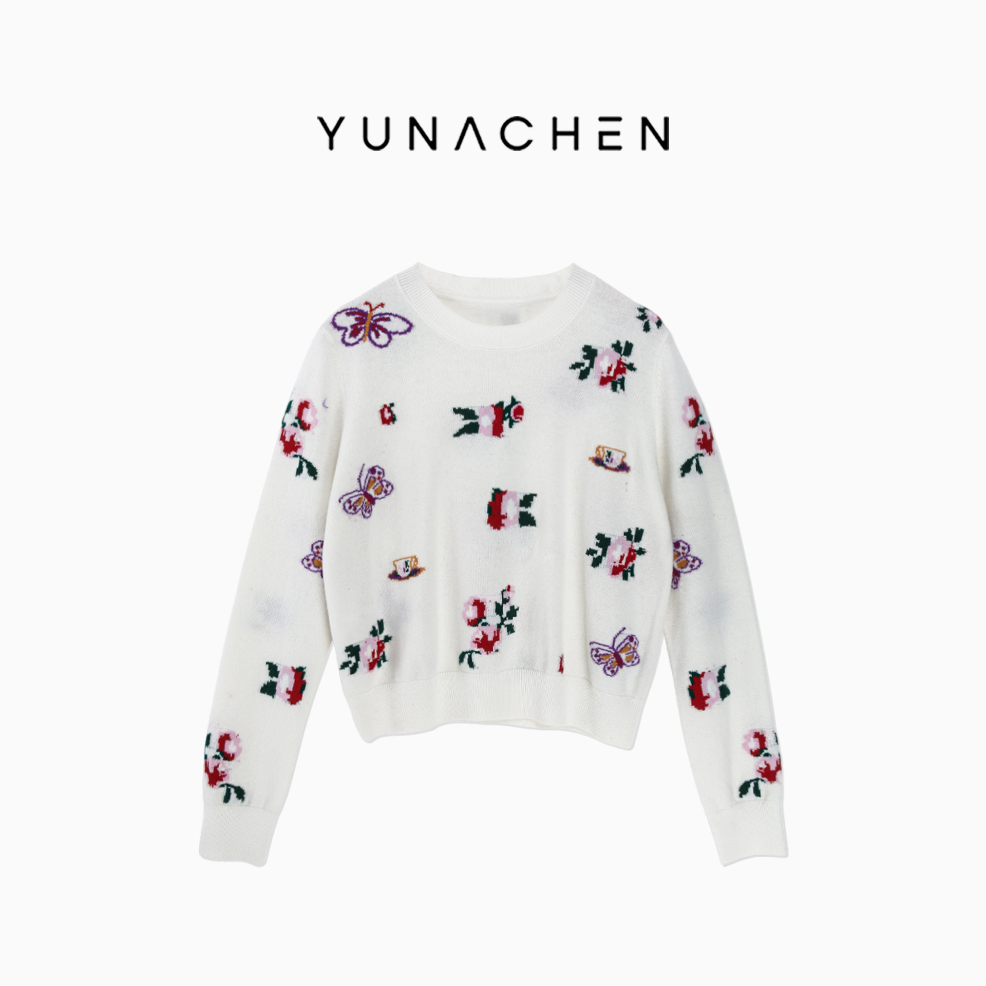 菠萝宝宝yuna【玫瑰蝶梦】100羊毛彩色蝴蝶花朵刺绣套头针织衫YH28