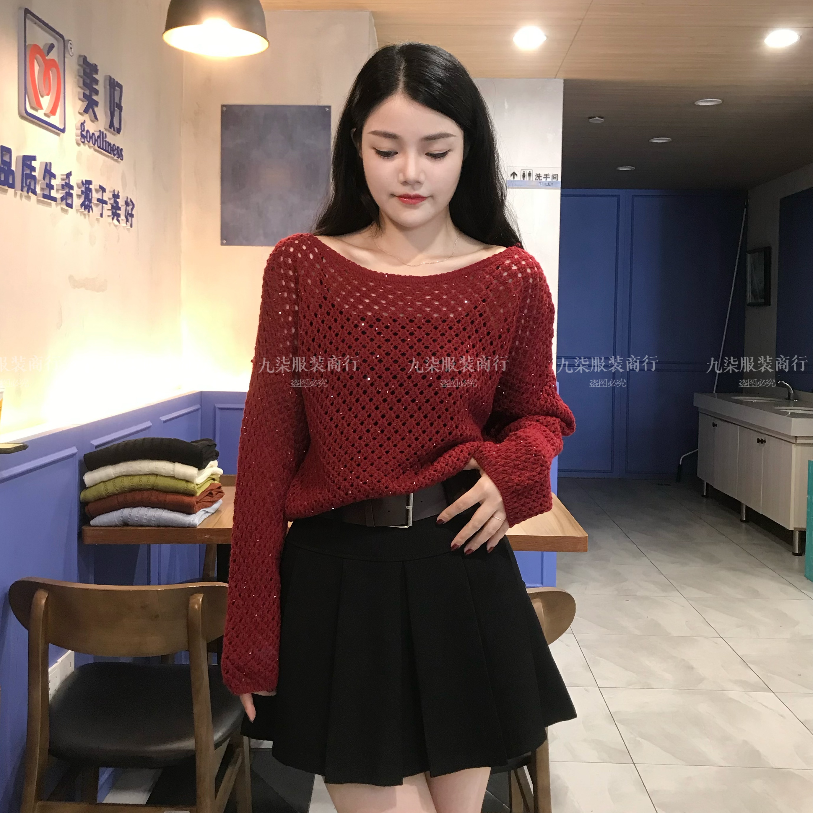 韩系镂空衫斜肩长袖薄款短款针织衫春夏新款时尚宽松显瘦防晒罩衫