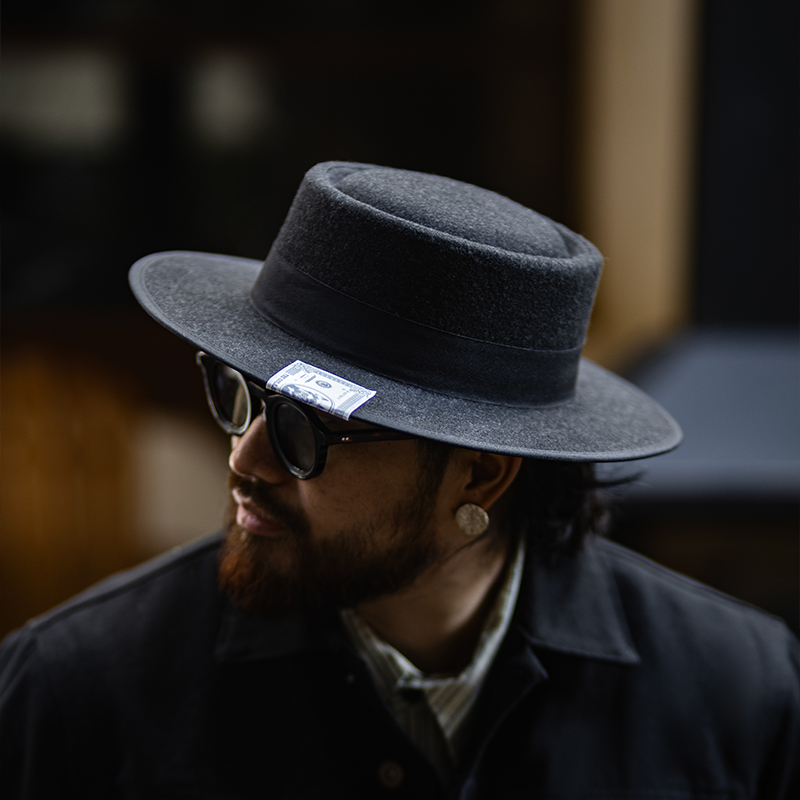 古叔的着 巴拿马草帽男冬季新款防晒船夫帽休闲复古平顶呢子帽