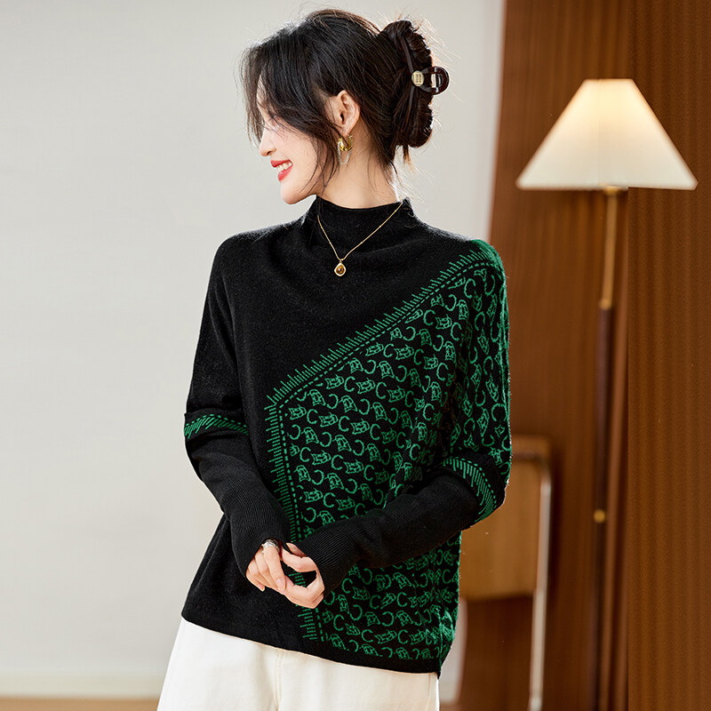 皮尔卡丹秋冬女士流行时尚针织衫洋气百搭绵羊毛宽松复古半高领11