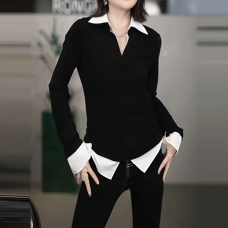 7057韩系简约拼接撞色衬衫女2025黑色新款秋装洋气假两件打底衫