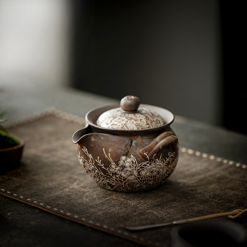 侘寂风茶器粗陶鎏银繁花不烫手手抓壶家用高档泡茶手工泡茶壶单壶