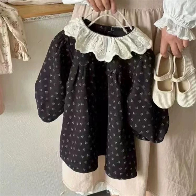 韩版女童2025新品秋季森系连衣裙女宝复古可爱碎花蕾丝圆领公主裙