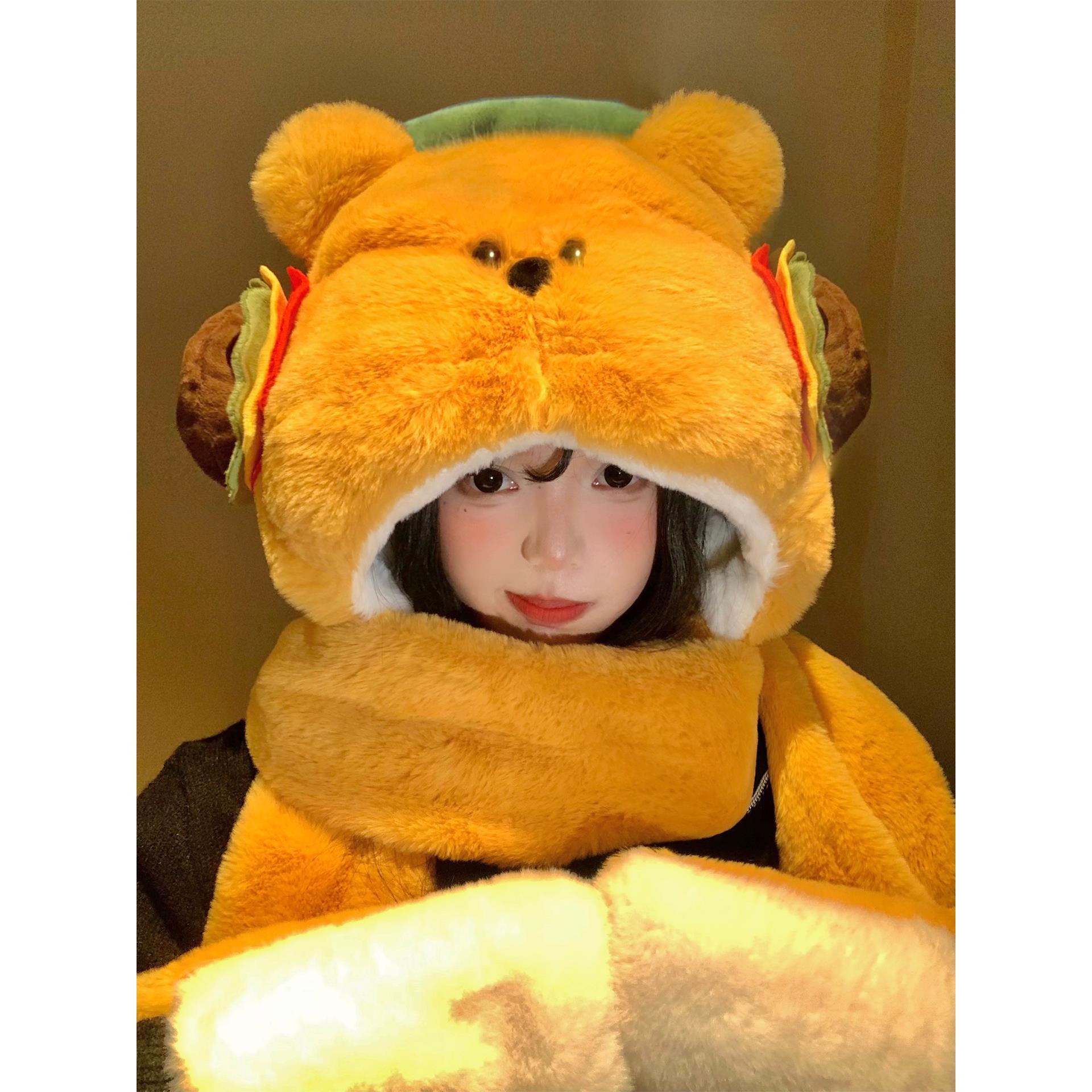 FAVMARTHA可爱汉堡小熊毛绒帽子围巾一体女冬季加绒加厚保暖防寒