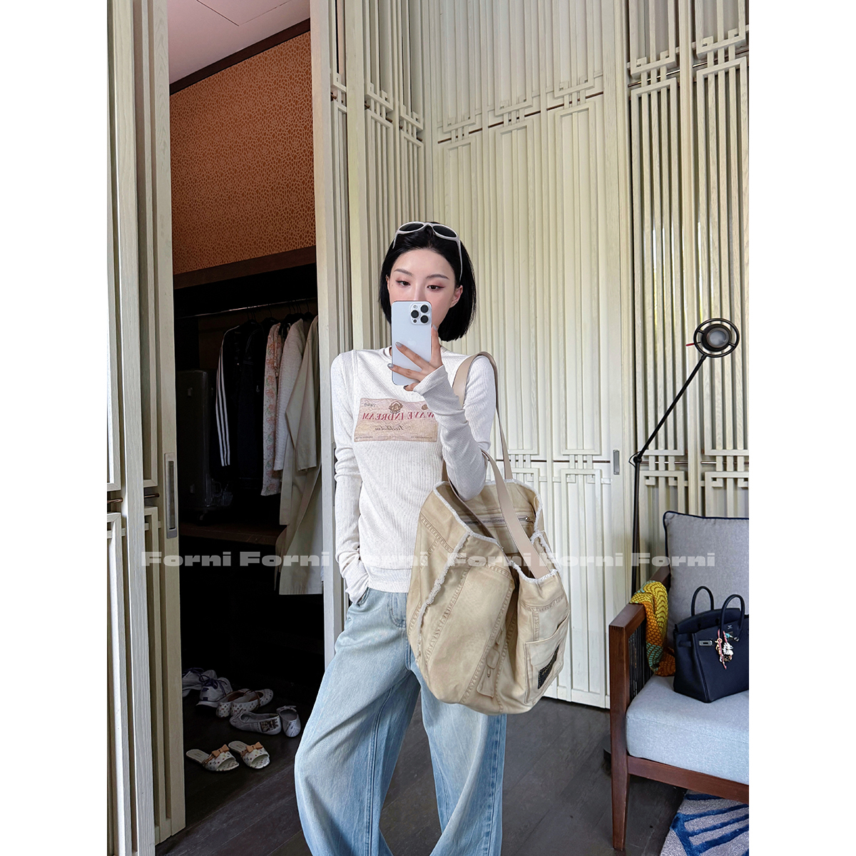 FORNI  邮票 莫代尔复古邮票印花长袖背心假两件上衣