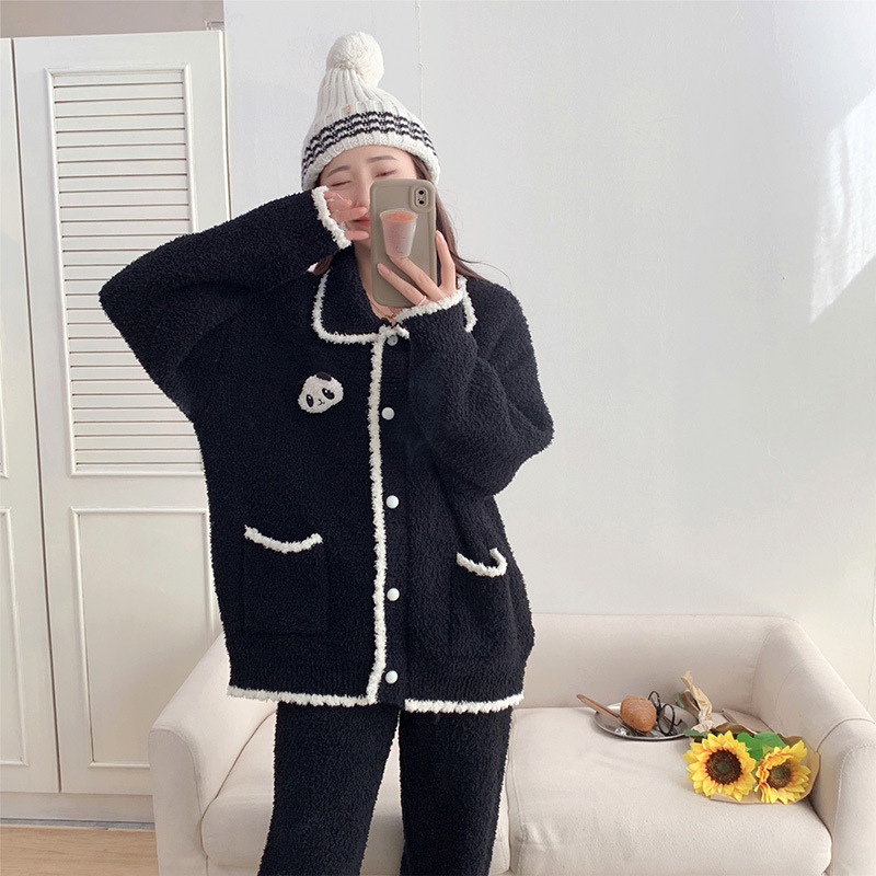 冬季软绵绵半边绒睡衣女加绒加厚可外穿翻领高颜值外出家居服套装