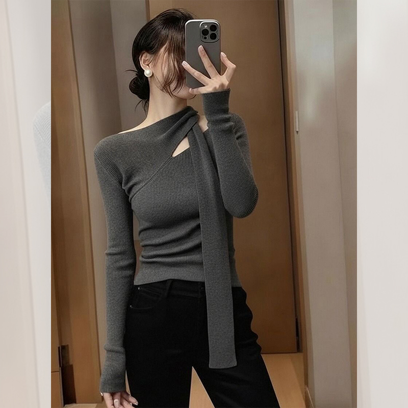 别致独特漂亮内搭系带小衫针织打底衫洋气高贵镂空上衣女韩系秋冬