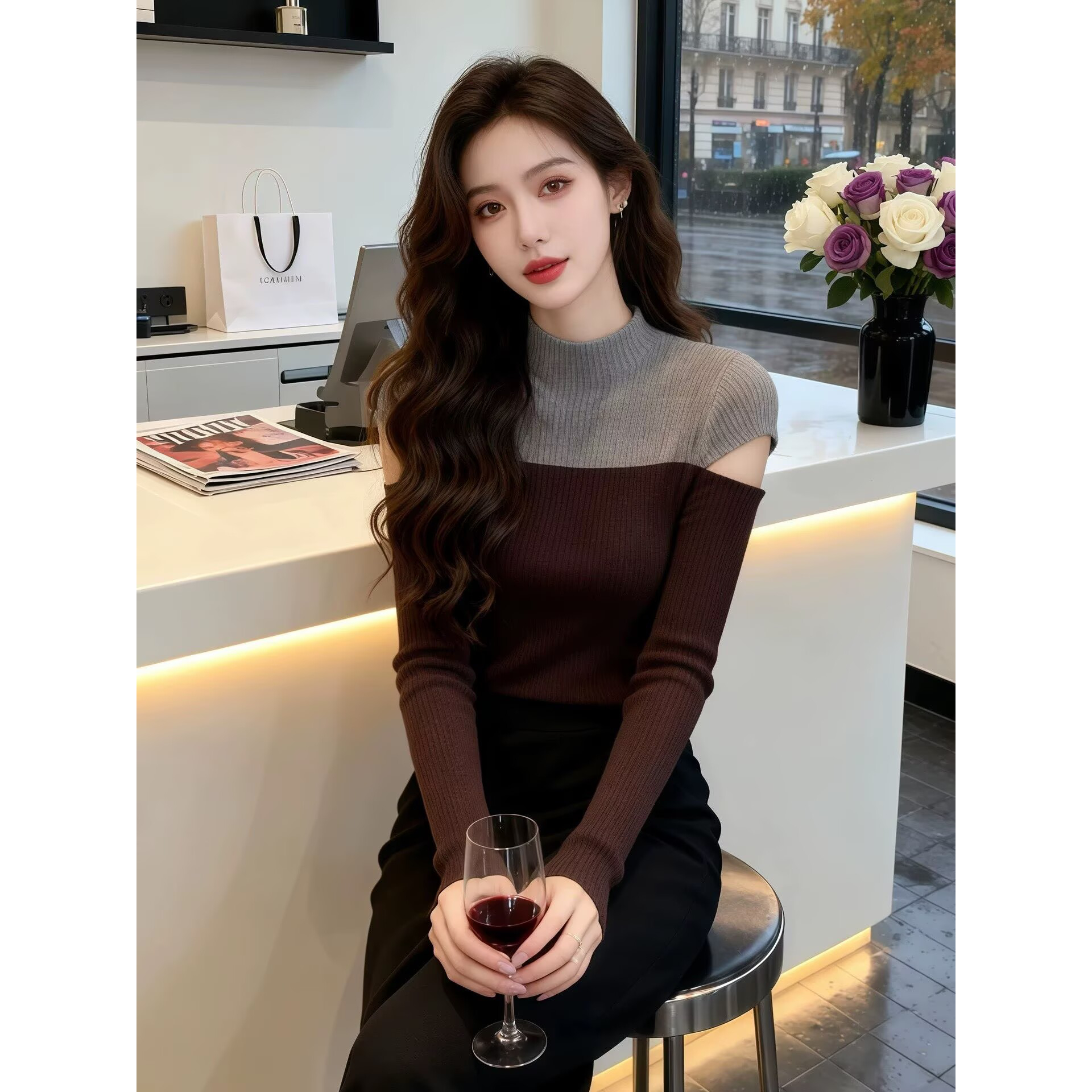 哥家阿玛家秋冬新款拼色半高领露肩针织衫女设计感小众打底毛衣