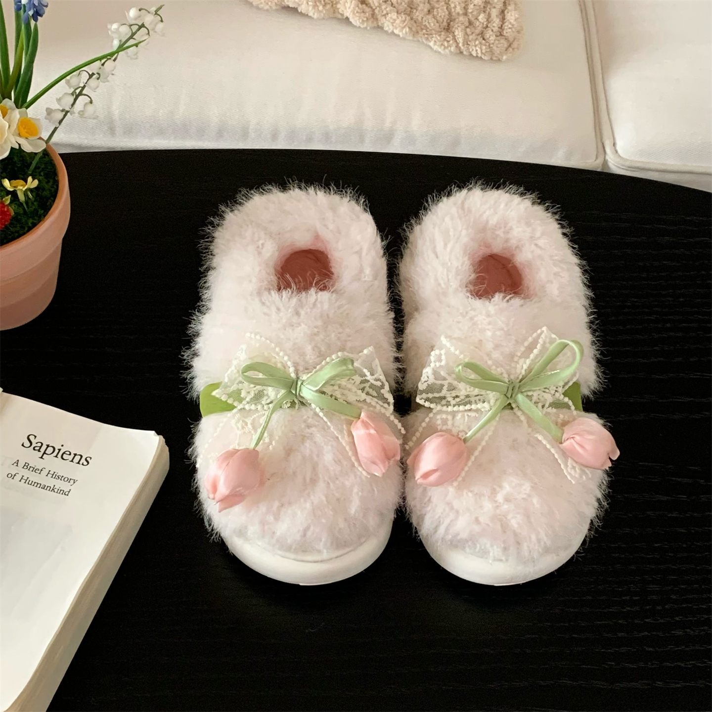 学生仙女风法式蕾丝郁金香包跟毛毛鞋舒适防滑居家女士冬季棉拖鞋