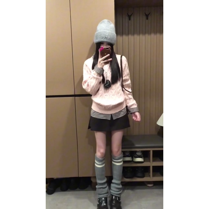 高级气质格纹衬衫时尚休闲麻花圆领针织毛衣高腰休闲显瘦短裙套装