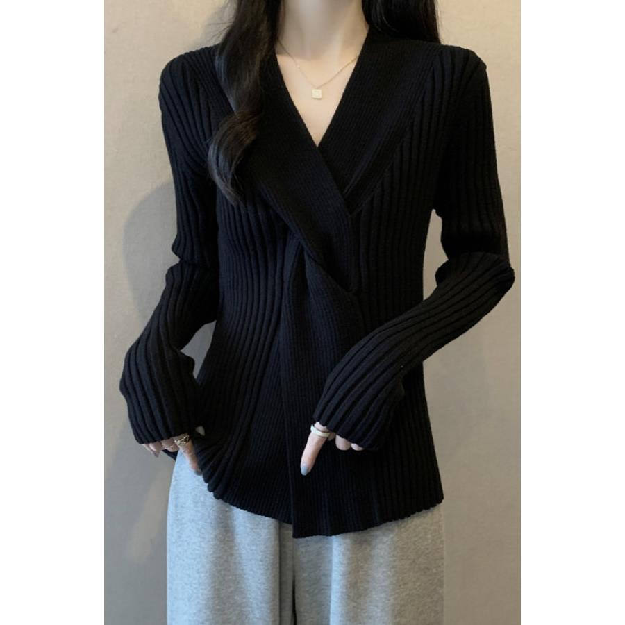 交叉长袖秋冬毛衣2025设计新款胖针织衫不规则打底修身大码上衣