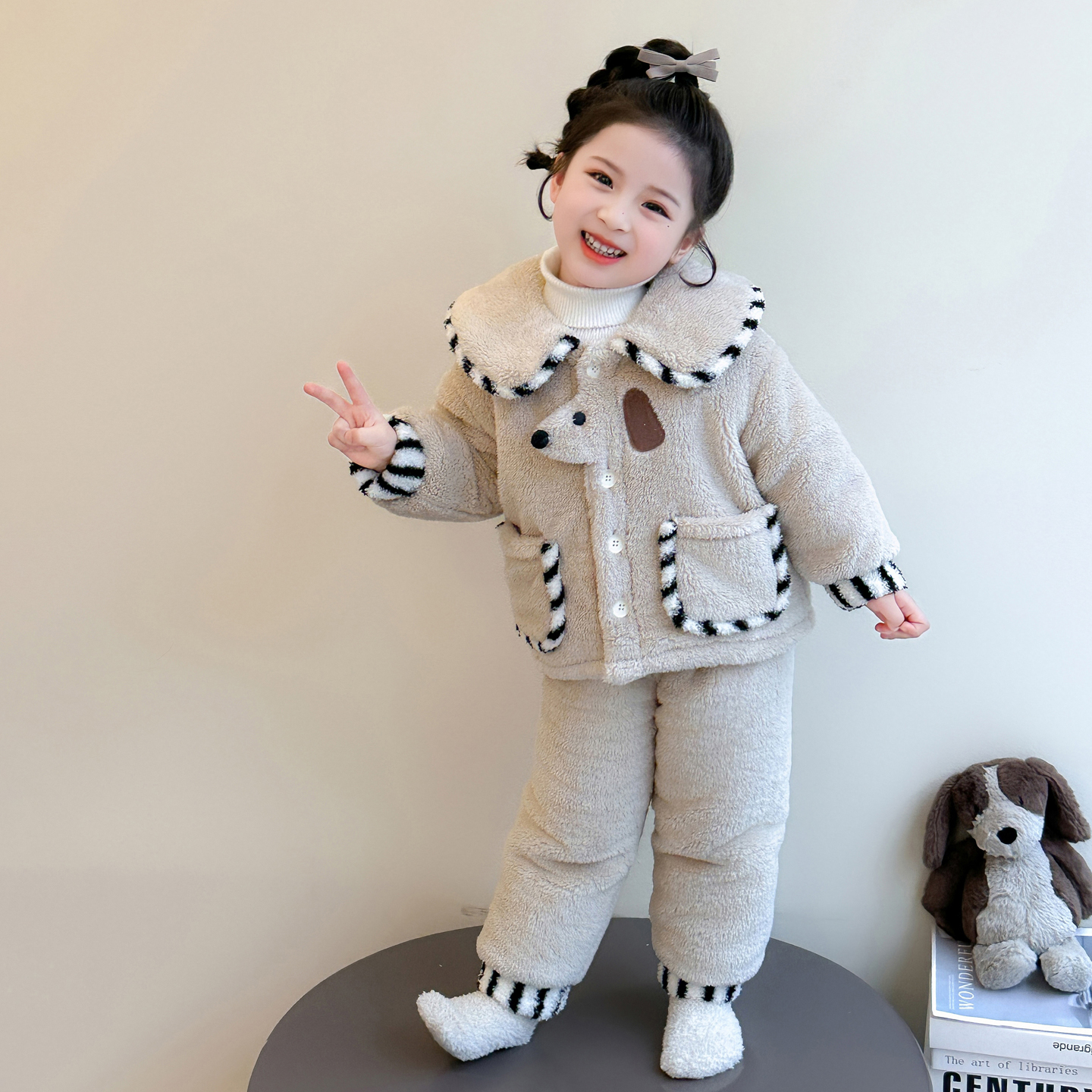 女童夹棉家居服套装儿童韩版洋气加绒加厚睡衣两件套小女孩宝宝潮