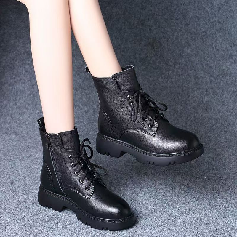 2025秋冬新款时尚百搭圆头马丁靴真皮粗跟厚底防滑超软短筒靴子女