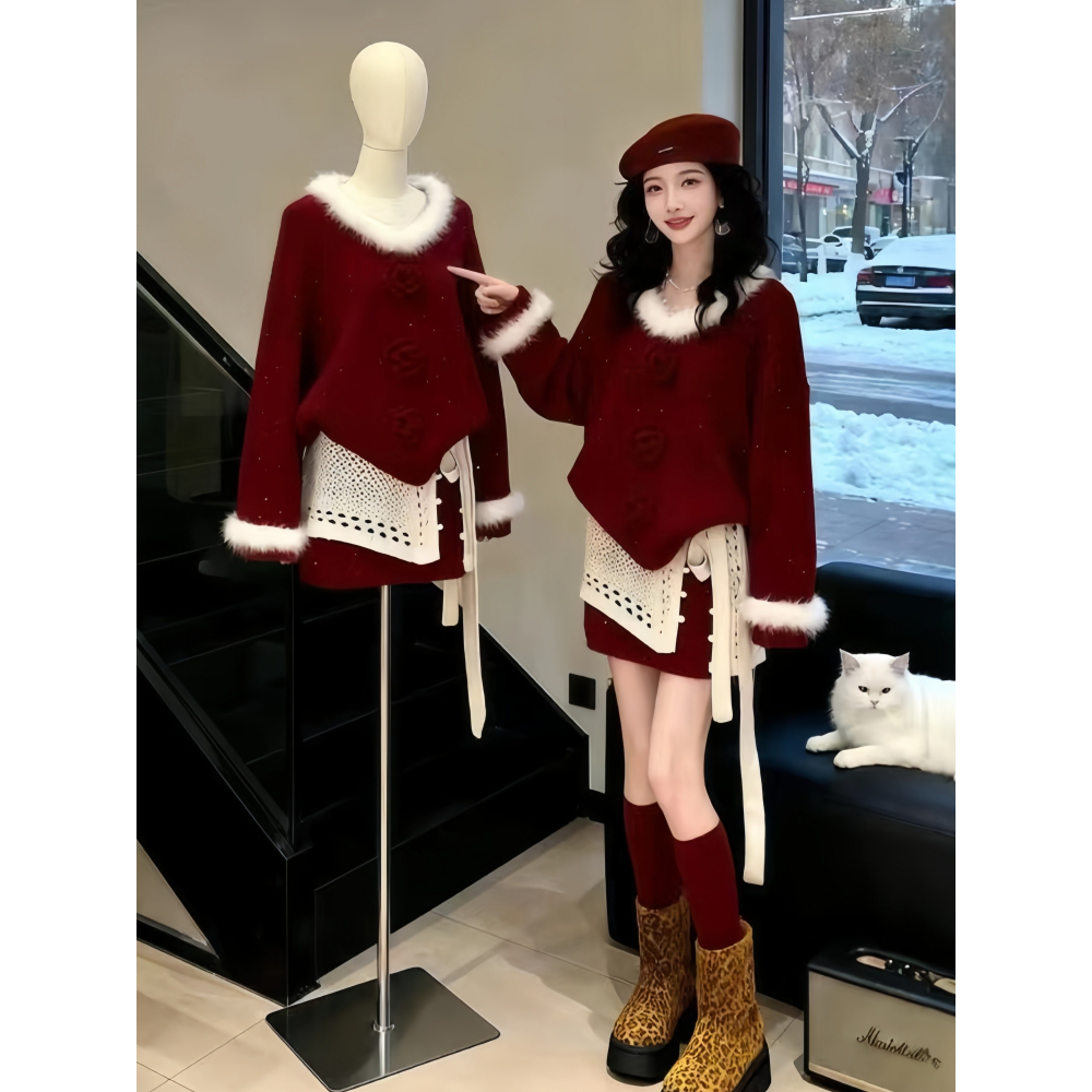 超火穿搭一整套冬季韩系设计感显瘦减龄红色针织毛衣半身裙两件套
