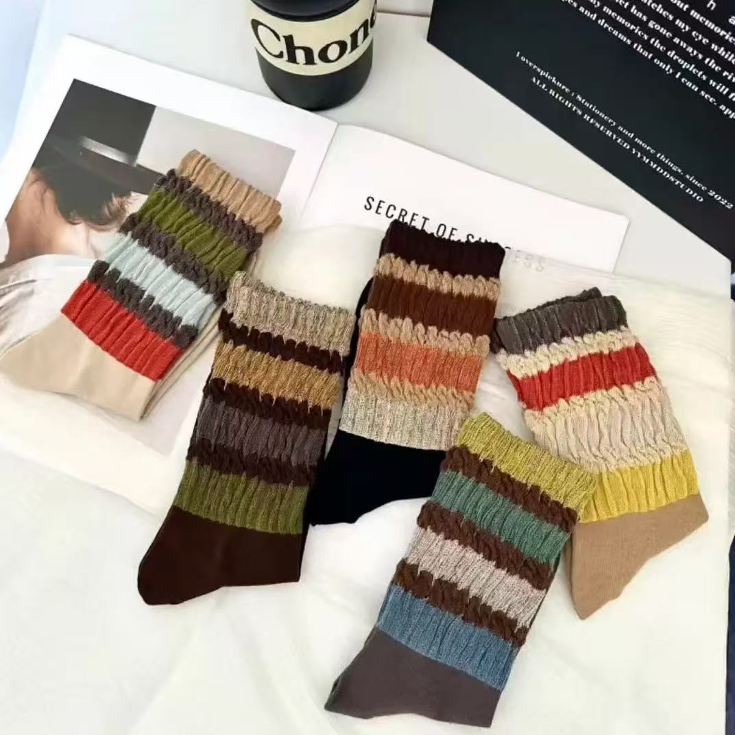 【5双装】秋冬长筒运动慵懒风潮款条纹彩虹复古高筒袜韩版ins堆堆袜