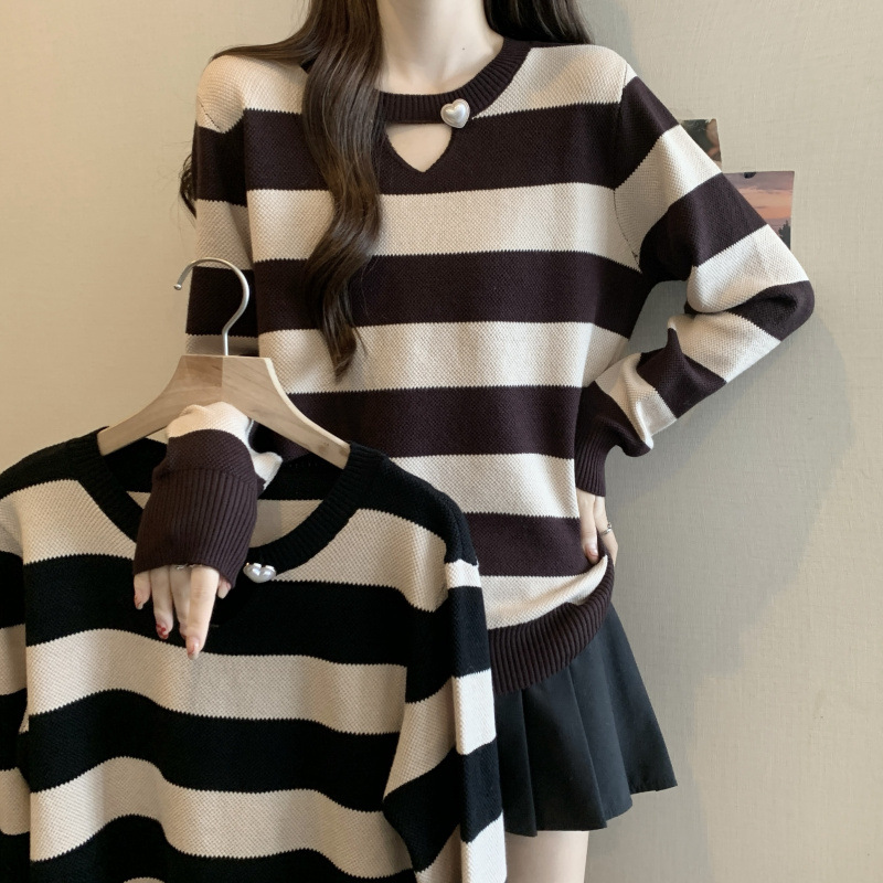 镂空条纹长袖针织衫女套头2025新款高级感欧货上衣显瘦打底毛衣