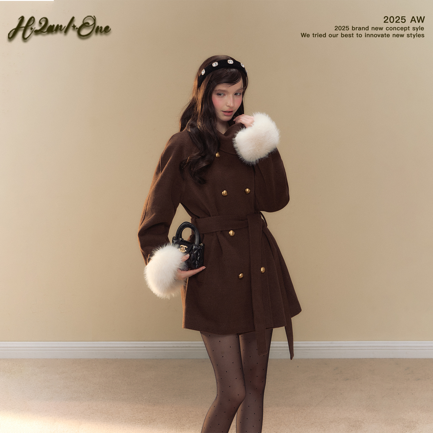 H2AN1 STUDIO双面毛呢子系带收腰大衣毛毛袖口千金气质外套