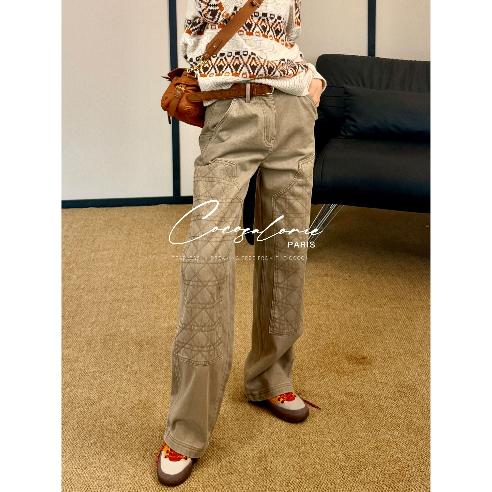 韩彬彬"菱格牛仔"100%纯棉菱格补丁复古工装宽松直筒牛仔裤3476-9