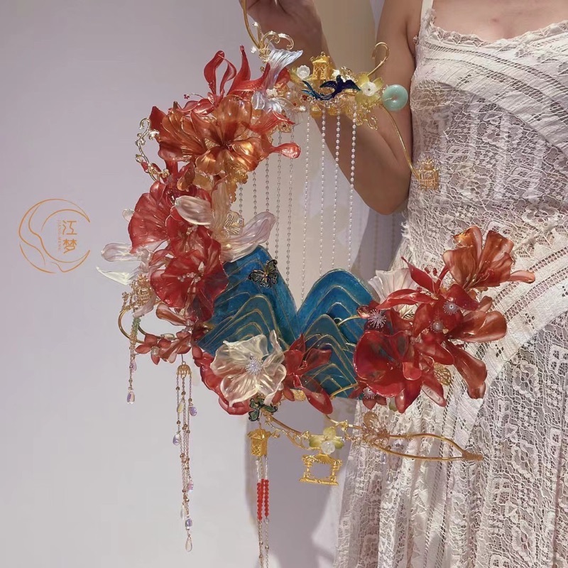 江梦原创[千里江山追月]手拎手提国风中式结婚新娘手捧花主题定制