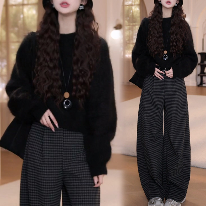 2025韩系气质套装秋冬洋气针织衫毛衣长袖两件套高腰格子休闲裤