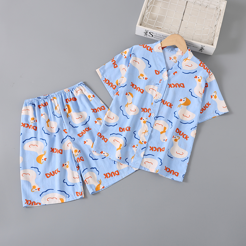 夏季男童宝宝女童儿童薄款绵绸睡衣棉绸短袖空调家居服套装