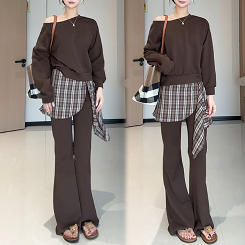 欧货高级感时尚套装2026年春秋新款斜肩长袖卫衣微喇阔腿裤两件套