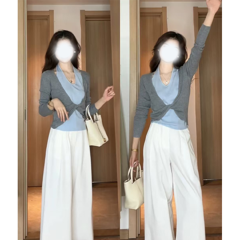 2025美式小个子慵懒风针织衫简约显瘦挂脖针织上衣修身拼接上衣潮