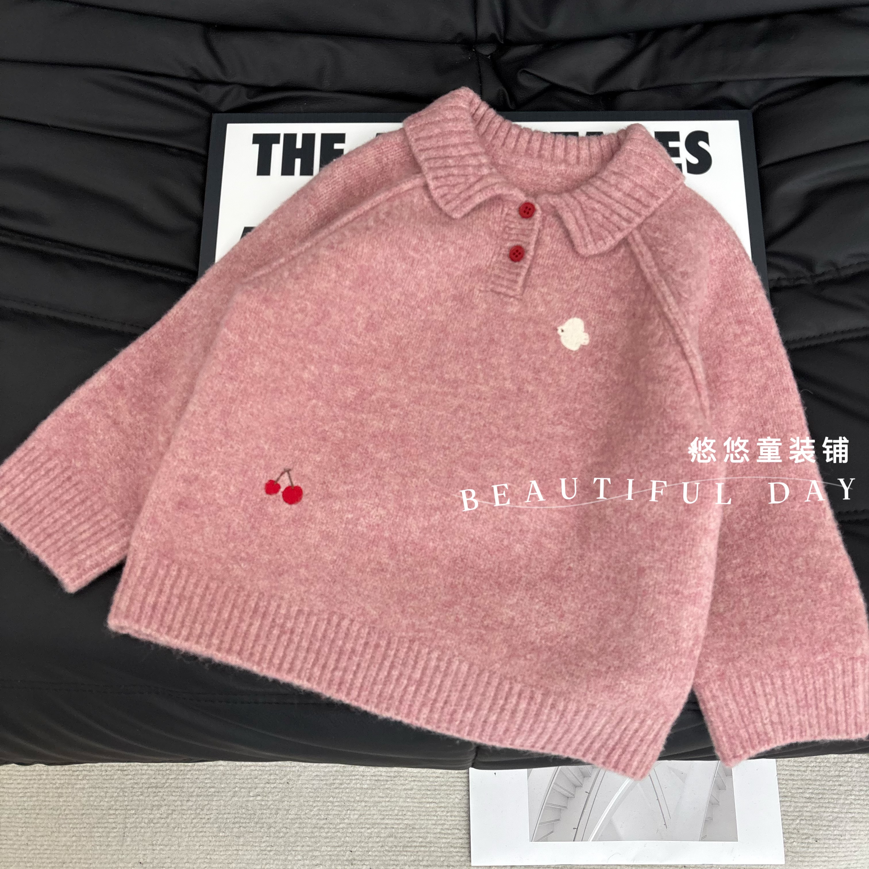 女童韩版慵懒风刺绣加厚针织polo毛衣男女童2026新款针织打底衫