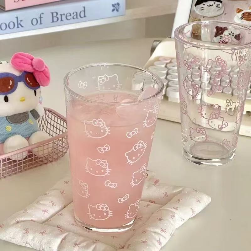 少女心透明家用可爱简约大容量学生印花耐热玻璃杯卡通吸管水杯