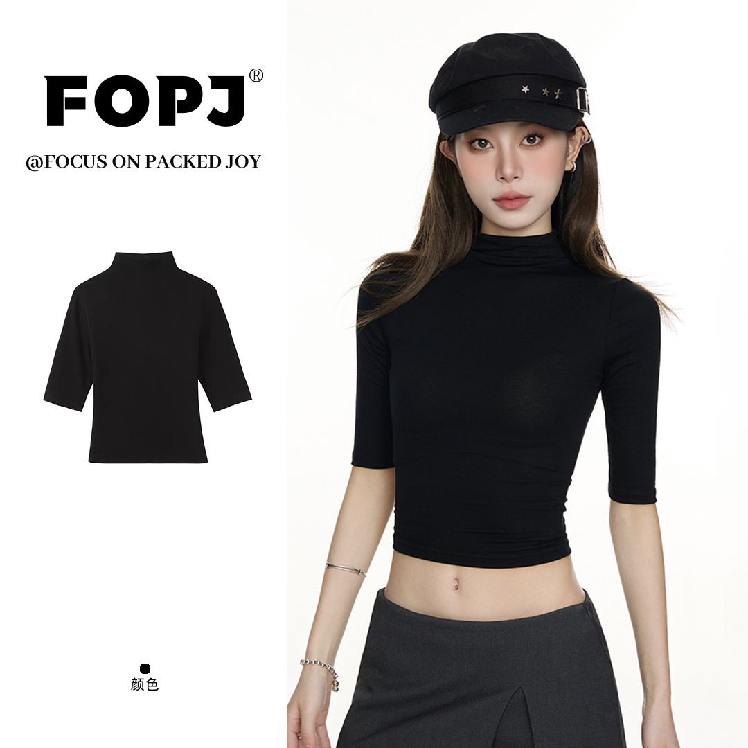 FOPJ初秋新款简约风辣妹中袖长袖打底衫女修身显瘦短款圆领上衣